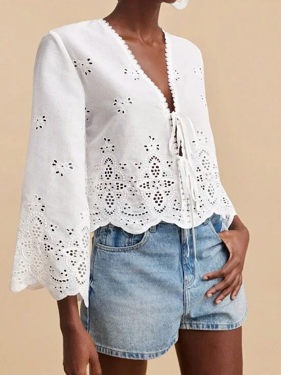 White Casual Women's V Neck Flare Sleeves Blouse - Picture 5 of 10